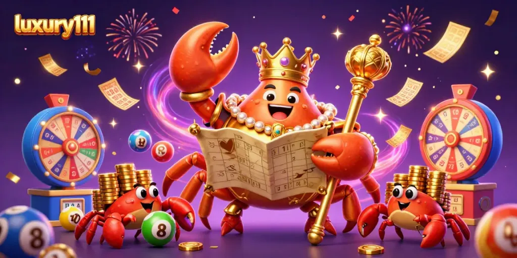 luxury111 menghadirkan ilustrasi kasino penuh warna dengan kepiting emas berkuasa dan elemen permainan yang dinamis.