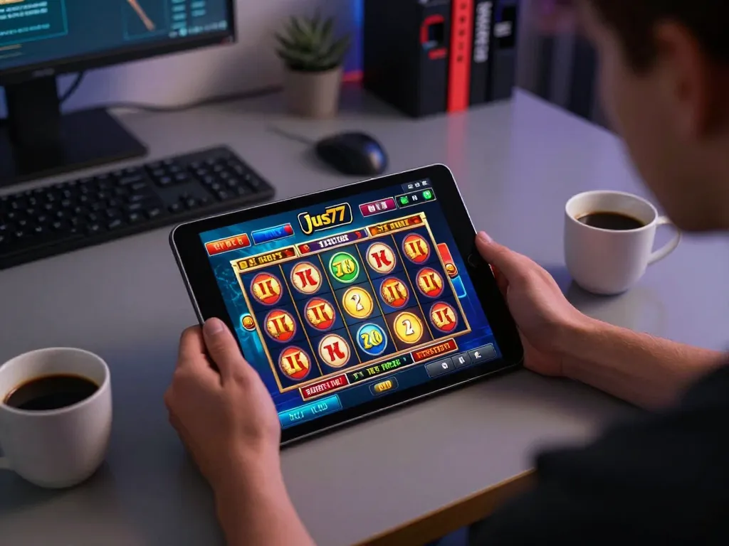 Player engaging on jus77 platform while enjoying a coffee during an online slot session