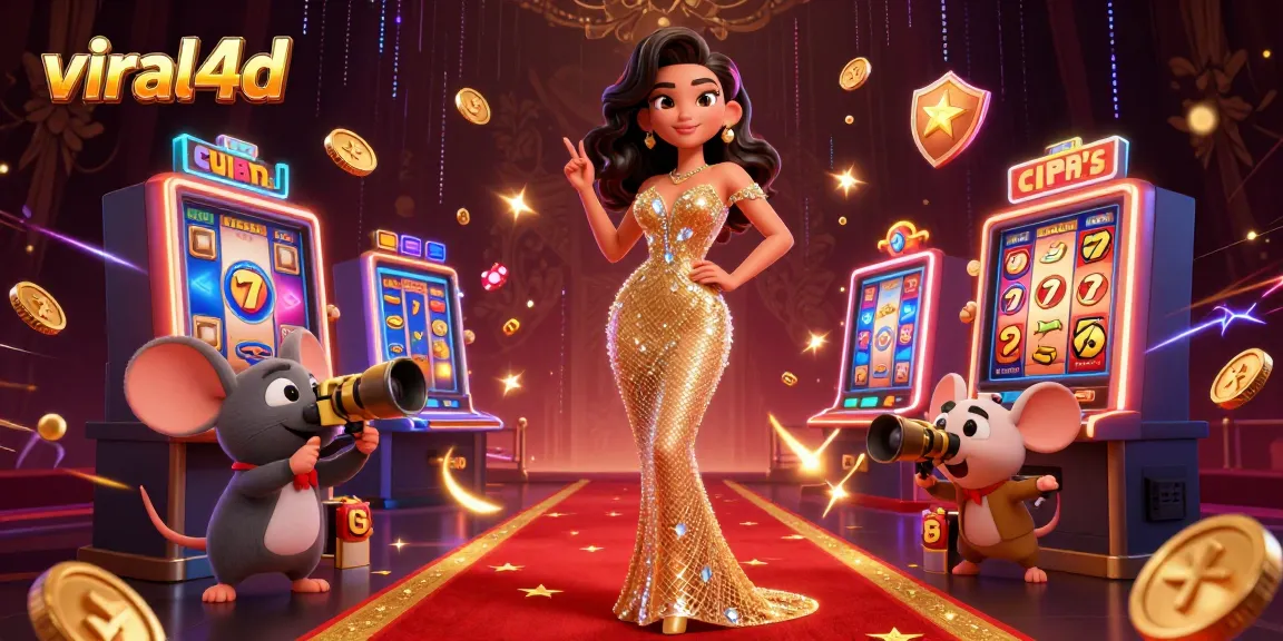 Engage in thrilling slot play with viral4d as our glamorous avatar poses amidst colorful gaming elements.