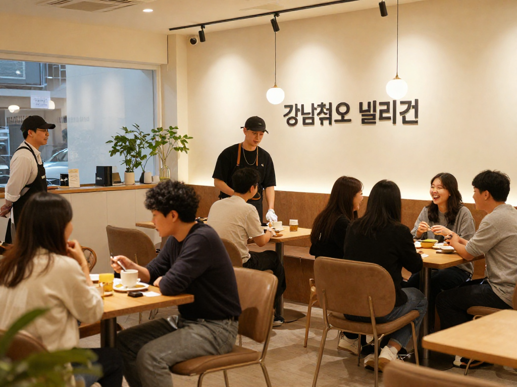 강남쩜오 멀리건의 아늑한 내부에서 손님들이 대화하고 있는 모습.