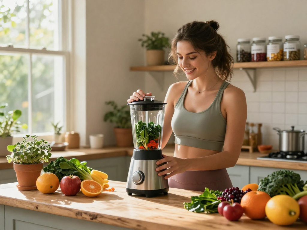 A woman preparing a smoothie with astaxanthin-rich ingredients in a bright kitchen, promoting healthy living.