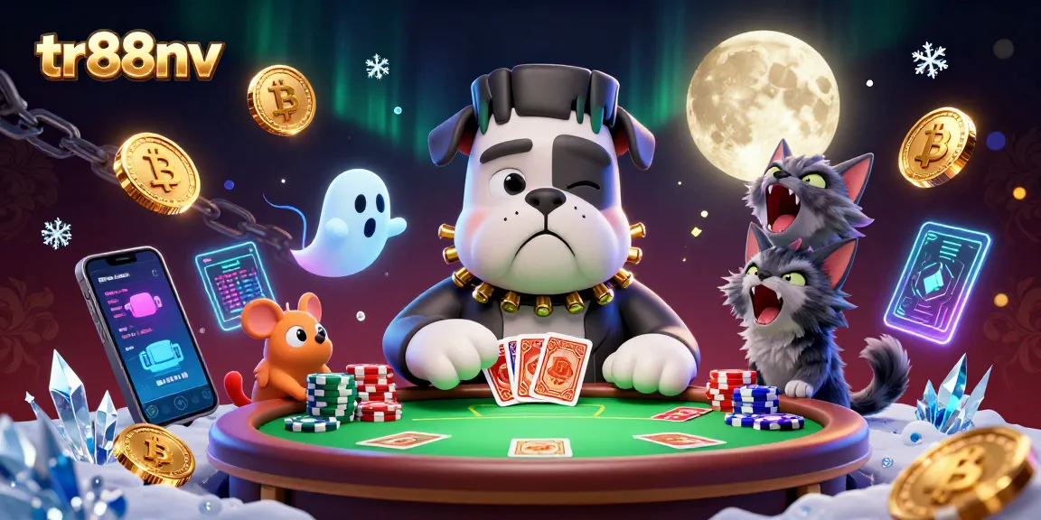 tr88nv reveals the thrill of poker gaming as a bulldog monster deals cards amidst glowing cryptocurrency elements.