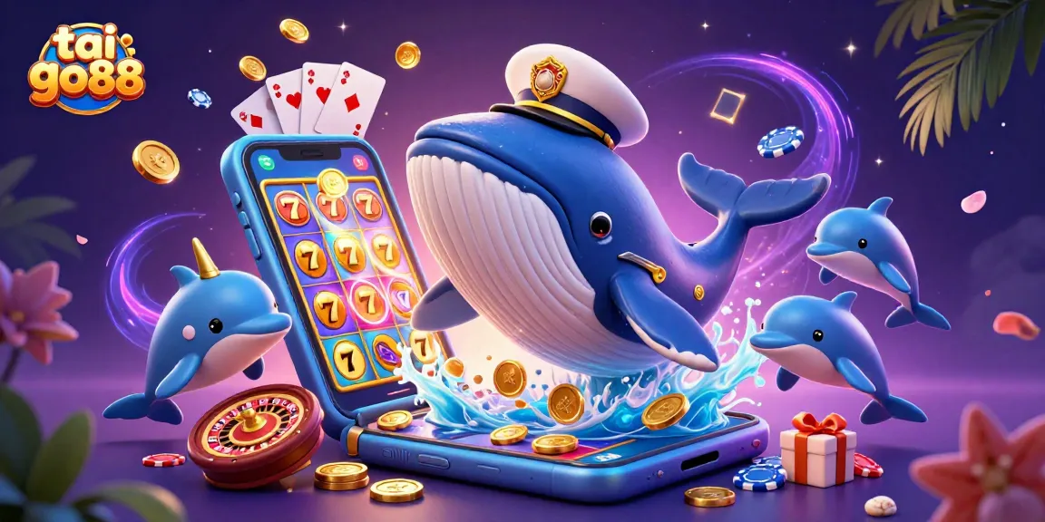 Experience tai go88 with whales and dolphins among vibrant casino elements, showcasing colorful slot games.