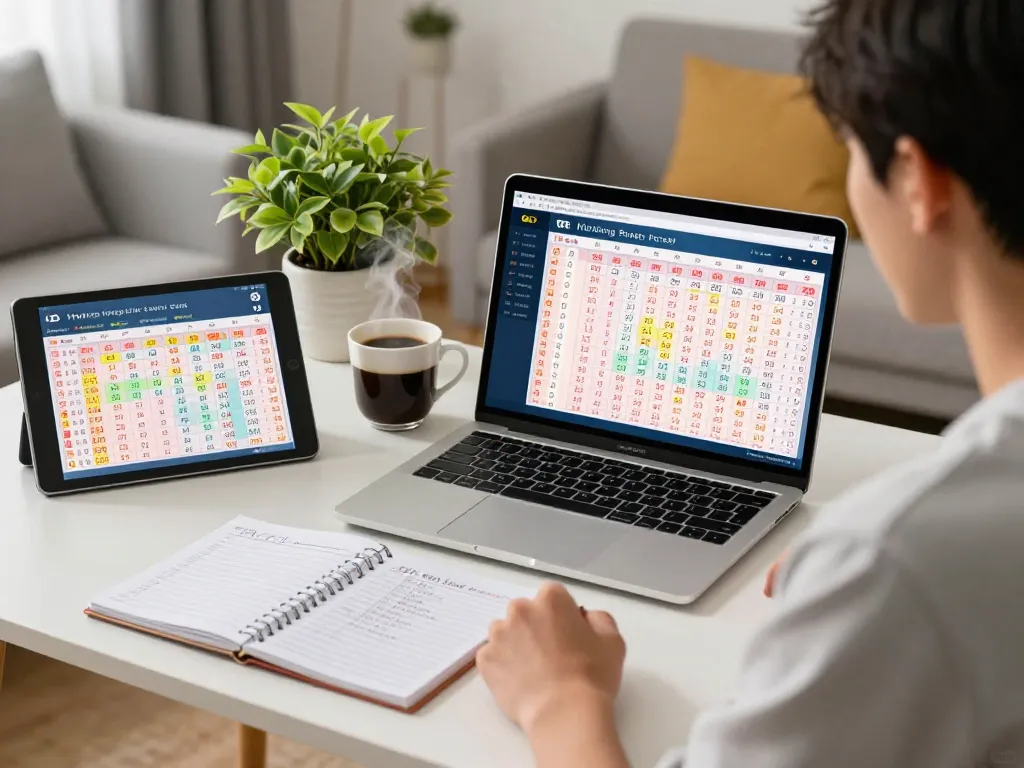 Dedicated player analyzing HK Hari Ini lottery results with digital devices in a cozy home office environment.