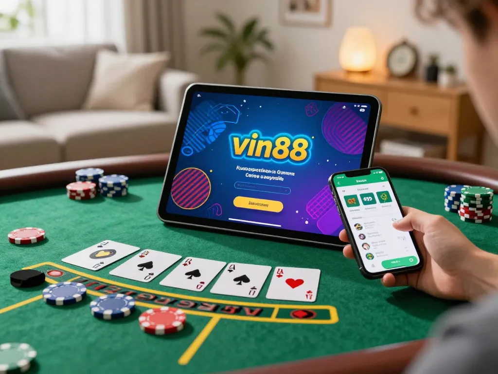 Engaging vin88 online blackjack gameplay on tablet with live dealer in cozy home setting.
