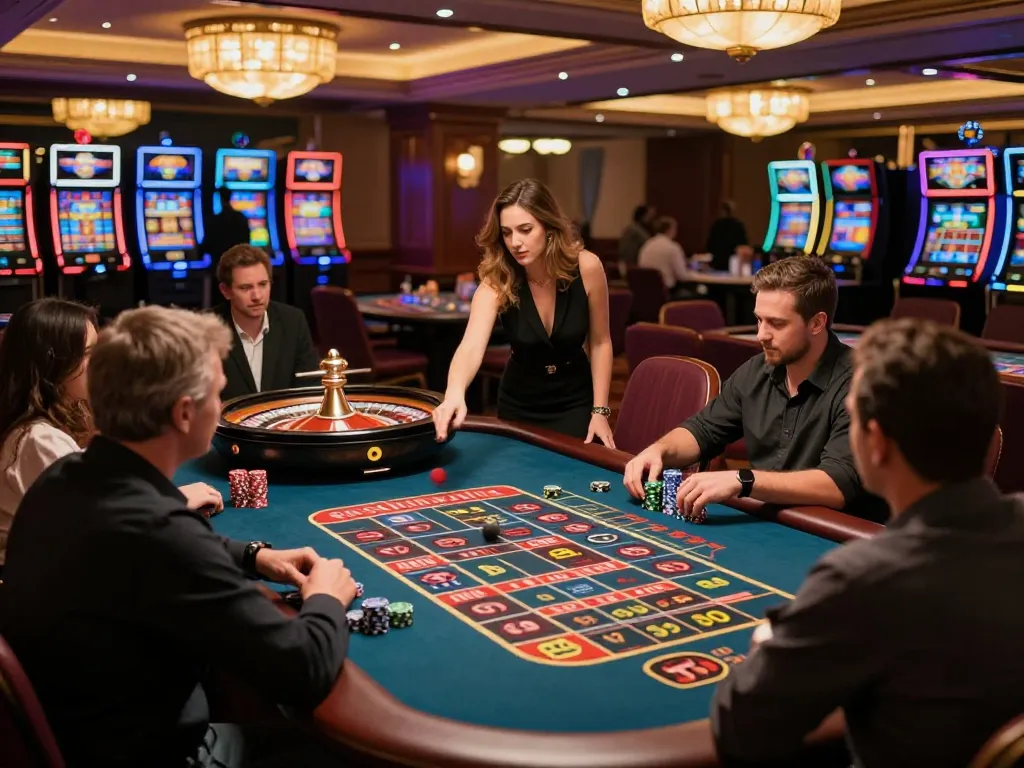 Engaged players at a roulette table watching the croupier spin, featuring superjp excitement in a lively casino.
