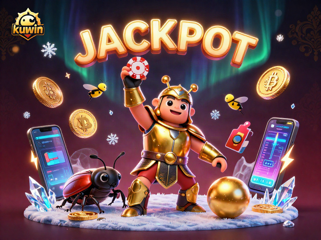 Kuwin highlights thrilling online gambling experiences with vibrant digital elements and a unique jackpot celebration.