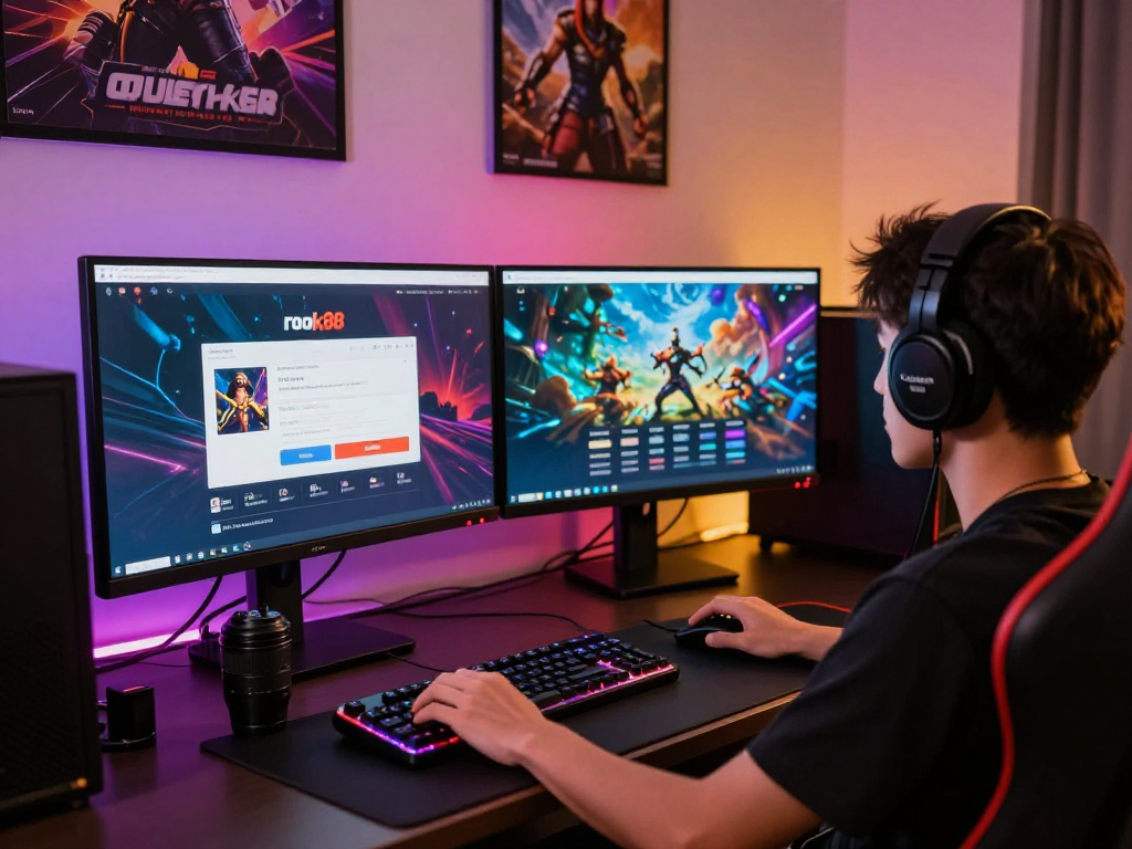 User engaging with rokok88 login on dual monitors in a vibrant gaming setup.