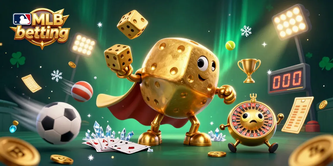 Engage in mlb betting action with a dynamic illustration of a golden dice golem and sports balls.