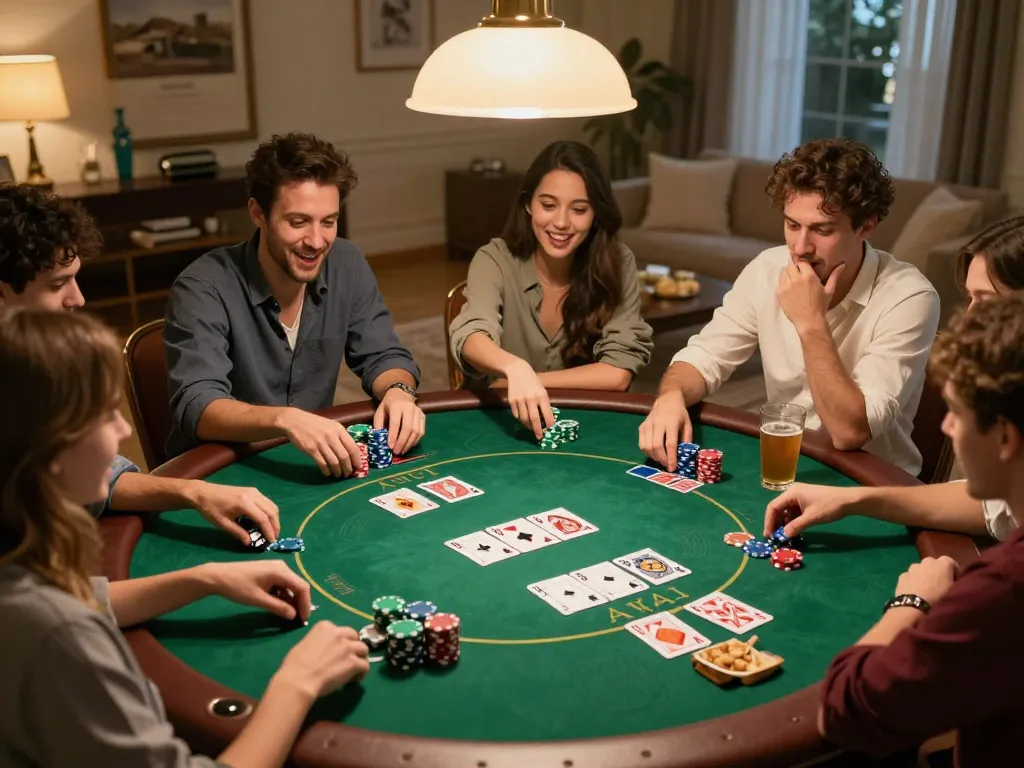 Players enjoying a competitive poker game at home with mdg188 strategies, showcasing chips and cards.