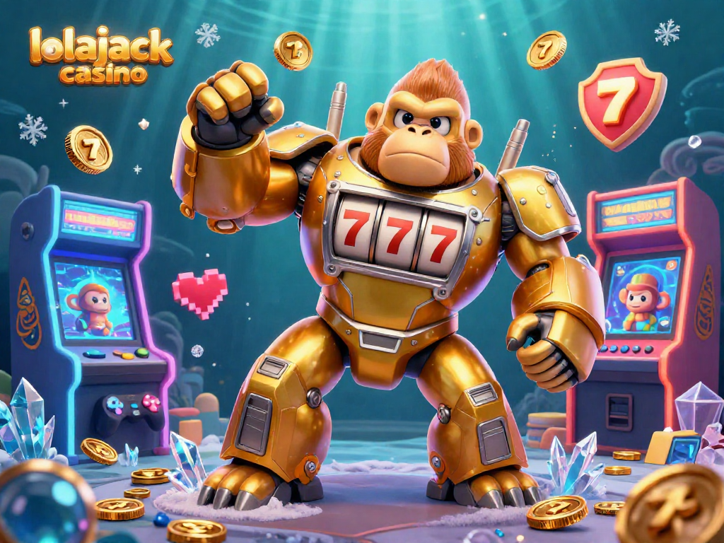 Experience thrill at lolajack casino with a vibrant 3D gorilla mech amidst neon arcade elements.