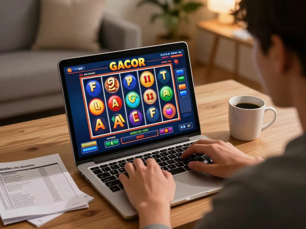 Engaging online session with slot gacor gameplay on a laptop, showcasing strategy notes and warm atmosphere.