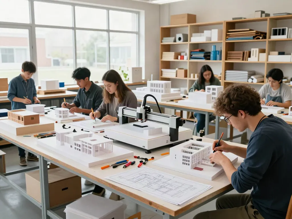 Präzise Architektur Modellbau Stuttgart in einer lebendigen Werkstatt mit Handwerkern.