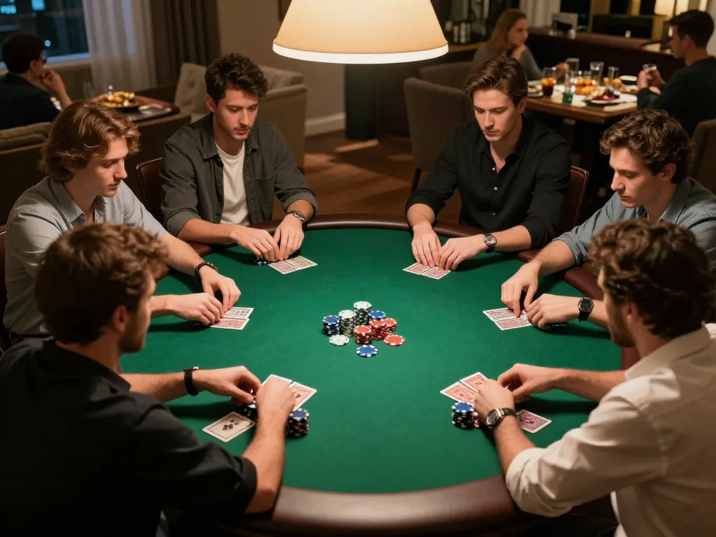 Engaged players at a home poker night strategizing their bets in an exciting xo88 game.