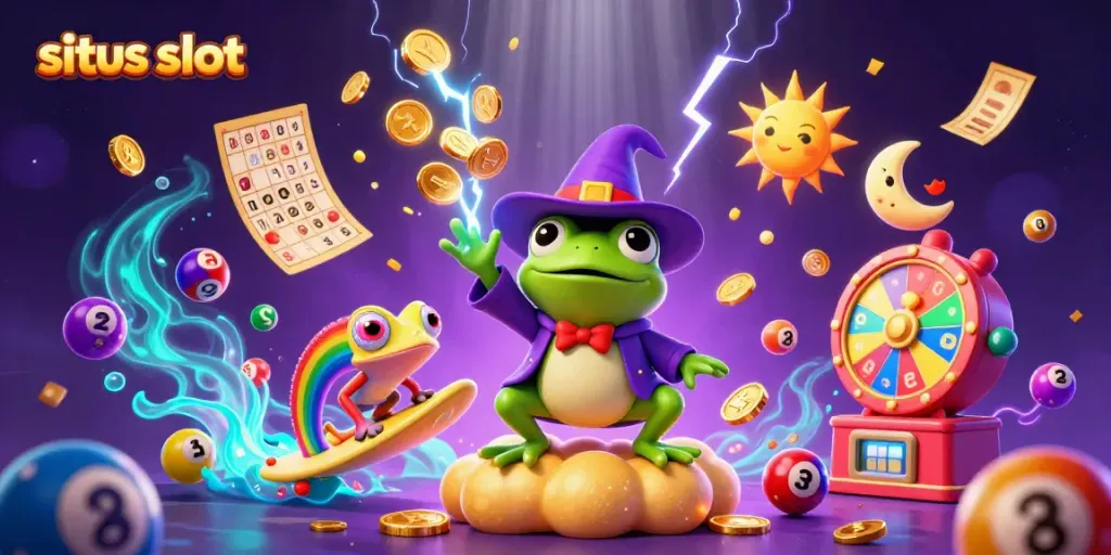 Ilustrasi 3D situs slot yang menunjukkan raja cuaca dan kameleon bermain dengan koin emas.
