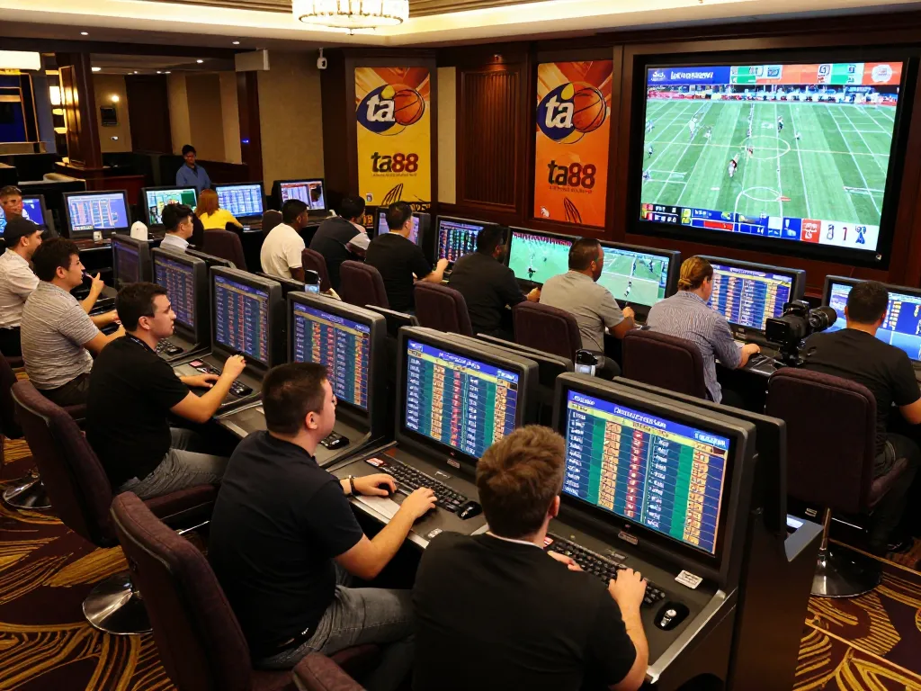Patrons placing bets in a lively sports betting area at ta88 casino, showcasing dynamic energy and technology.