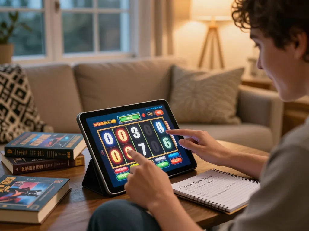 Player spinning an online slot depo 2k game on a tablet in a cozy home.