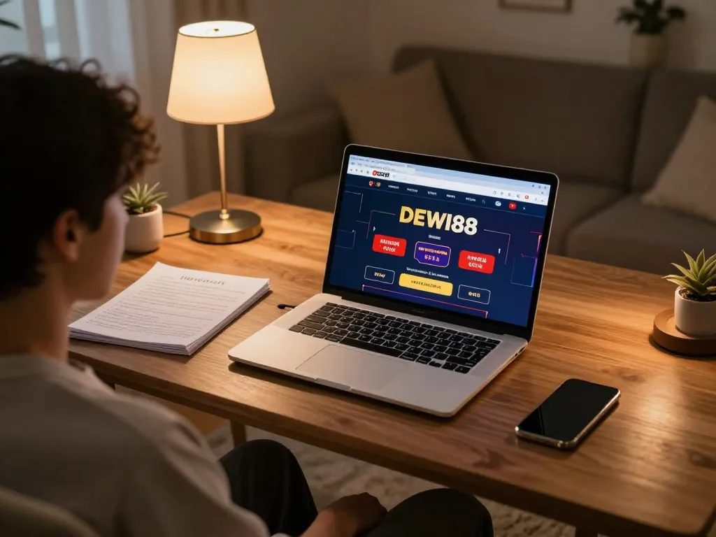 Pemain sedang berinteraksi dengan antarmuka kasino online DEWI88 di laptop, menampilkan pengaturan permainan yang bertanggung jawab.