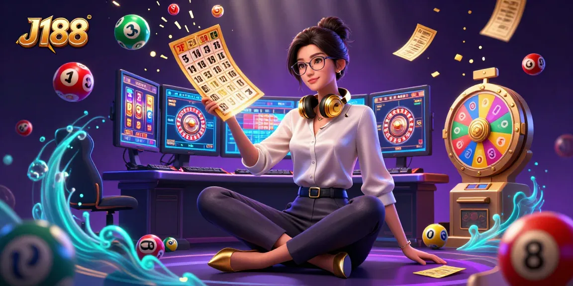 Experience thrilling gameplay at J188 with an elegant professional gamer immersed in a vibrant casino world.