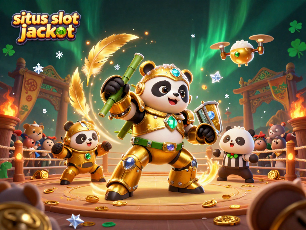 Engage with situs slot jackpot in this vibrant, action-packed 3D illustration showcasing a golden panda robot in an exciting casino arena.