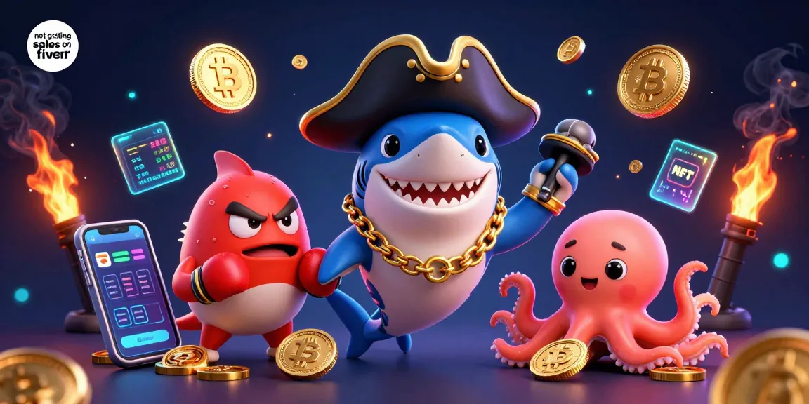 Engage with the scene of not getting sales on fiverr as a charming pirate shark and friends amidst cryptocurrency elements, ready for action.