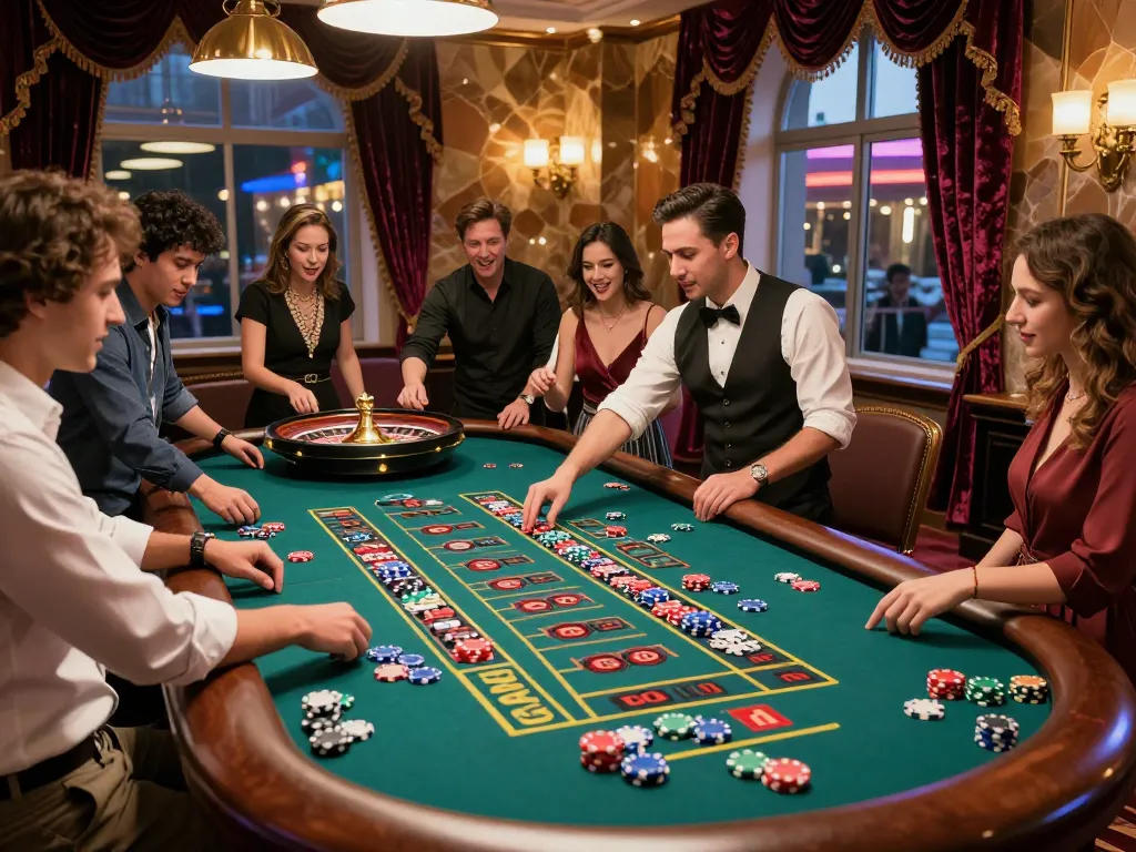vaobet players placing bets at a roulette table in a vibrant casino atmosphere