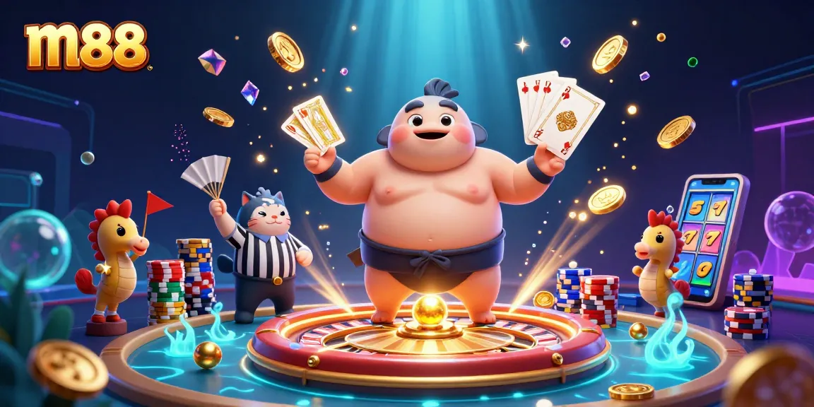 m88 offers thrilling gameplay as players enjoy the vibrant scene filled with coins and slot reels.