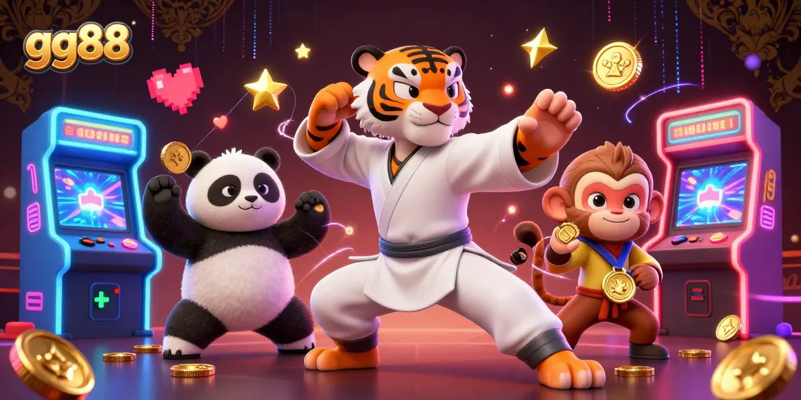 Experience thrilling gaming adventures at gg88 with a dynamic illustration showcasing a kung fu tiger, panda, and monkey amidst colorful casino elements.