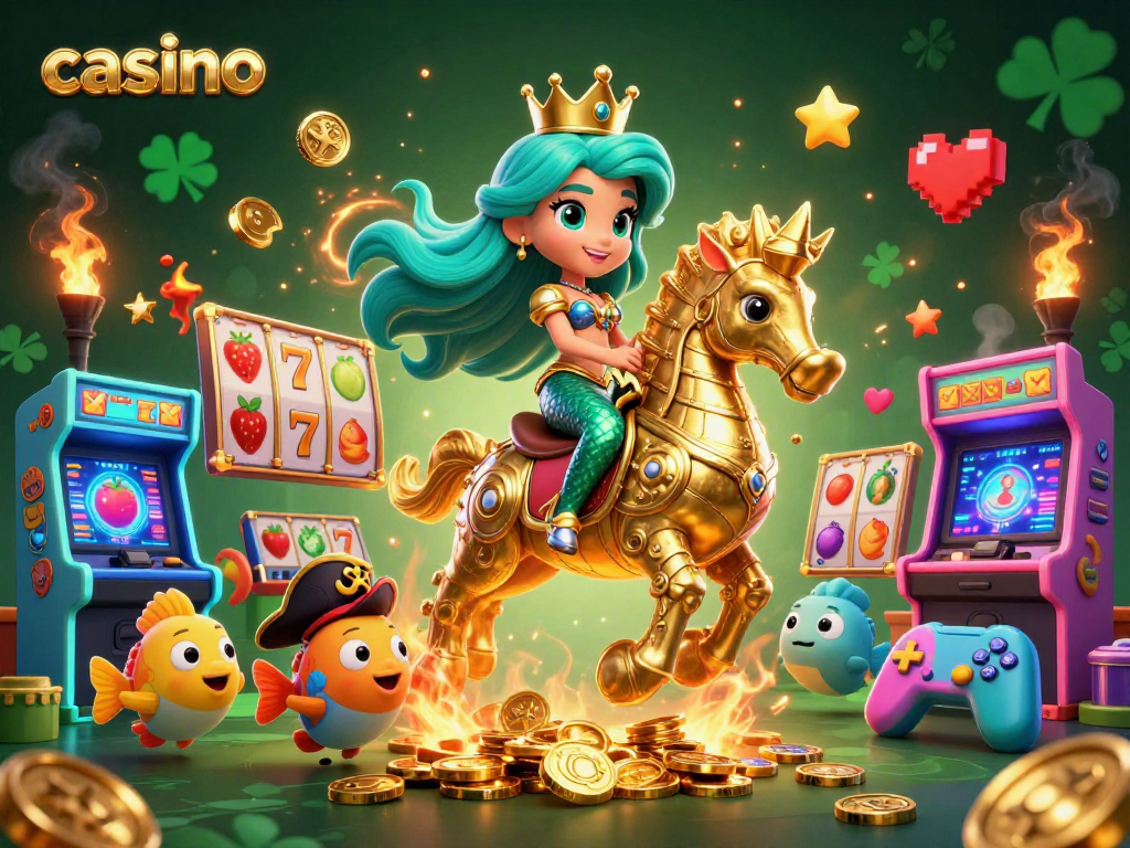Engage in casino slots with our animated mermaid princess, seahorse allies, and vibrant game machines.