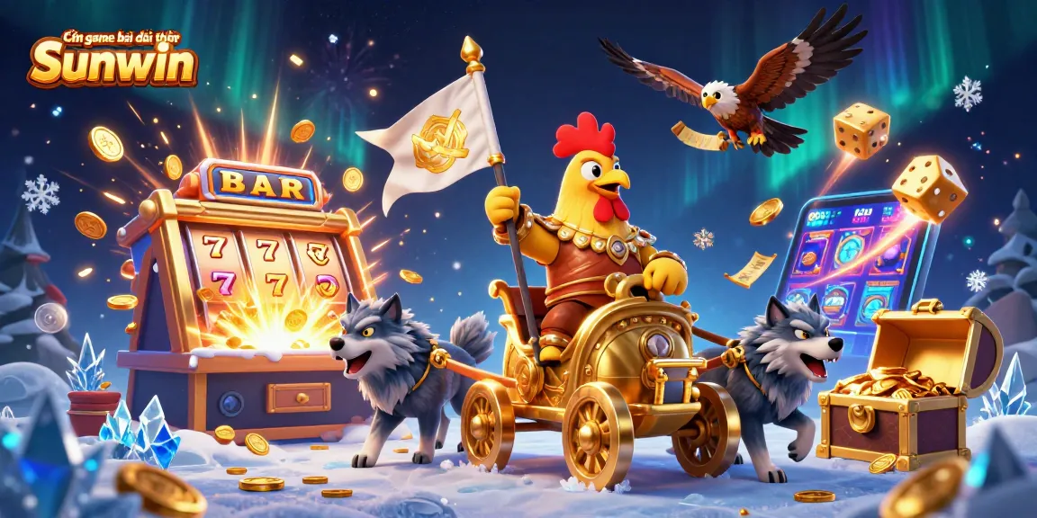 Cổng game bài đổi thưởng Sunwin showcases a captivating scene with a rooster warlord and wildlife amid vibrant casino elements.