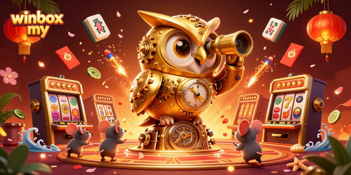 Winbox my features a clockwork owl surveying a vibrant casino scene filled with games and players.