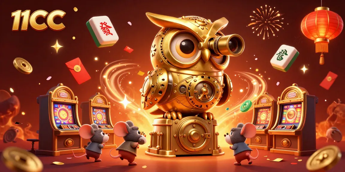 Experience the excitement of 11CC with a vivid illustration showcasing a clockwork owl and vibrant casino elements.